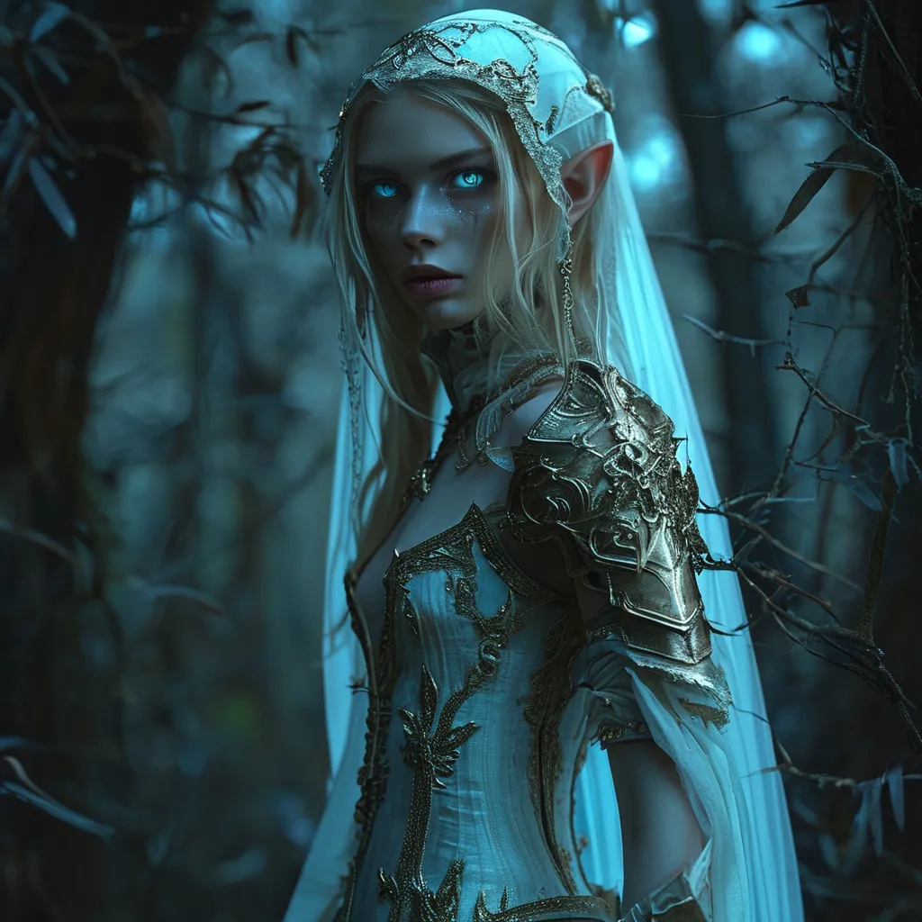 Prompt: Full depiction of a (unaturally beautiful elf woman) temple, wearing a (long flowing gown with intricate lace details) and (high heel armored boots), in a dark hunted forest, intense blue deadly eyes, dark shadows enhance her elegance, hopefull ambiance, highly detailed features, (HD) quality, magical atmosphere, magical illumination, surrounding in the air