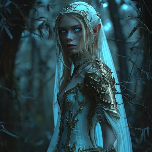 Prompt: Full depiction of a (unaturally beautiful elf woman) temple, wearing a (long flowing gown with intricate lace details) and (high heel armored boots), in a dark hunted forest, intense blue deadly eyes, dark shadows enhance her elegance, hopefull ambiance, highly detailed features, (HD) quality, magical atmosphere, magical illumination, surrounding in the air