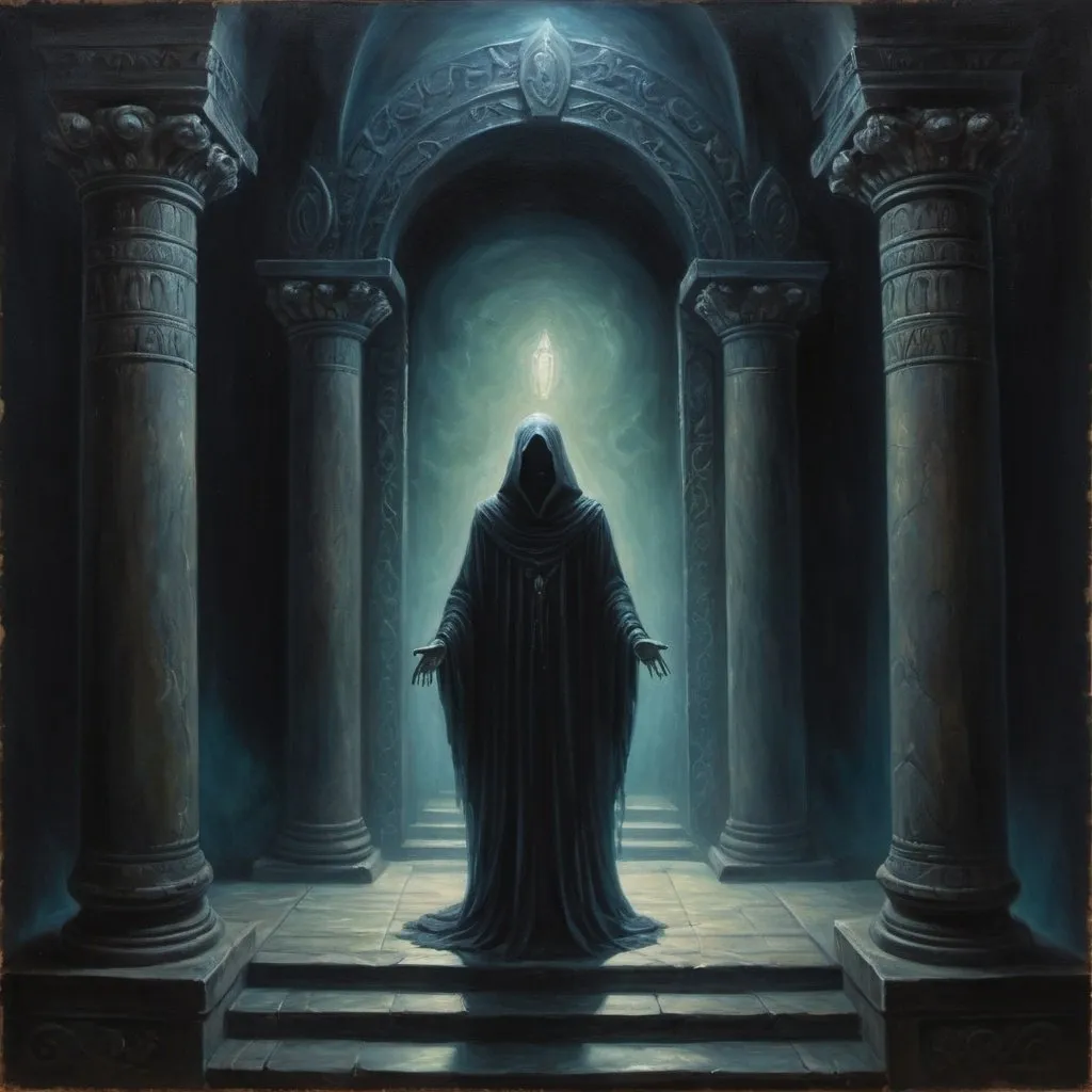 Prompt: Watcher of the deep, oil painting, eerie temple light, mysterious figure emerging from the darkness, haunting atmosphere, high quality, detailed brushwork, atmospheric lighting, dark tones, ghostly presence, intricate details, subdued color palette