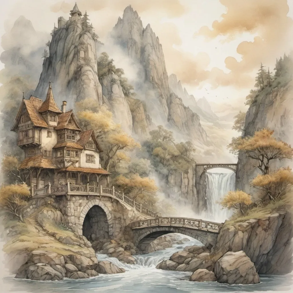 Prompt: Anton Pieck style, medieval fantasy watercolor mountain landscape, Wild water river, waterfalls, Bridge, detailed stone, mysterious, foggy, sweeping golden clouds, professional quality, 