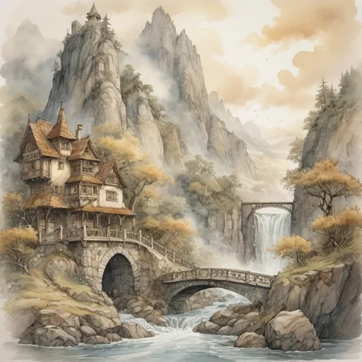 Prompt: Anton Pieck style, medieval fantasy watercolor mountain landscape, Wild water river, waterfalls, Bridge, detailed stone, mysterious, foggy, sweeping golden clouds, professional quality, 