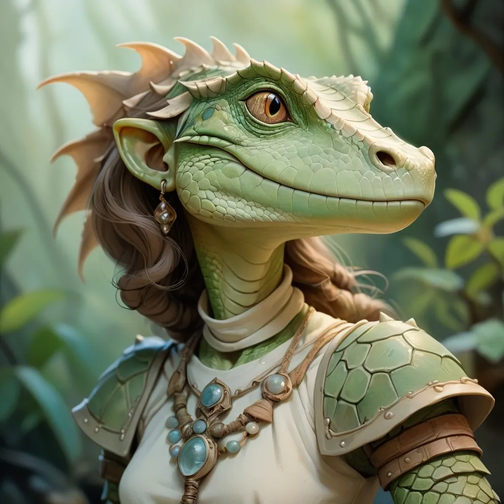 Prompt: realistic portrait of a female lizardman noble DnD Character, (Anton Pieck style), watercolor, whimsical and enchanting scene, soft color palette, dreamy ambiance, intricate details, gentle brush strokes, high-quality look, ethereal atmosphere, infused with a sense of nostalgia and wonder, ultra-detailed.