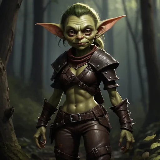 Prompt: gorgeous young female goblin, full body, digital art, high detail, realistic, dnd character style, dark lighting, forest, leather gear