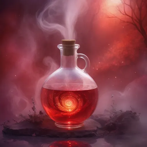 Prompt: (healing potion), (magical fog swirls), vibrant colors, luminous glow, enchanting atmosphere, mystical elements, ethereal background, deep shades of red liquit ,delicate sparkles, aura of tranquility, charm of nature, ultra-detailed, high quality, dreamlike essence, whimsical ambiance.