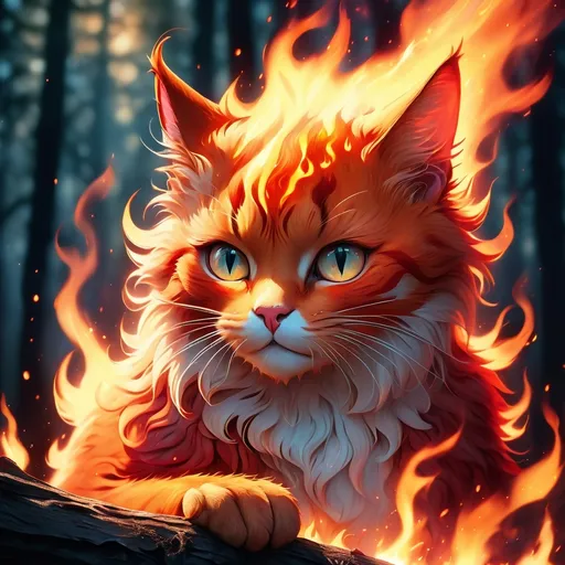 Prompt: (fiery cat ablaze with flames), vibrant dynamic color tones, warm fiery hues, high contrast, dramatic lighting, fairytail setting, bruned forrest, flame details throughout, surreal and powerful visual impact, dark background, ultra-detailed, 4K, cinematic masterpiece, highly realistic