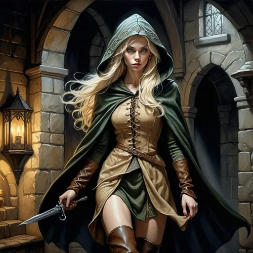 Prompt: Anton Pieck style, Hyperrealistic medieval fantasy oil painting of a beautiful blond female elf, assassin character, in dark fabric and cloak, hooded, depicting full body outfit, detailed fabric patern, high heel boots, ready to strike, at night, intense shadows, dramatic lighting, detailed facial features, high quality, DnD character, dramatic dark lighting,  dark fabric and cloak, blonde hair, intense shadows, professional quality