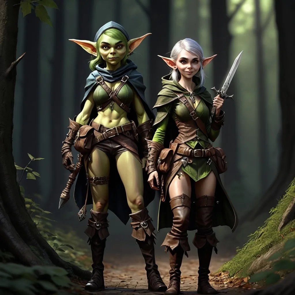 Prompt: gorgeous young female goblin thief and a cute elf female mage, full body, digital art, high detail, realistic, dnd character style, height difference, dark lighting, forest, leather gear, backpack, dagger