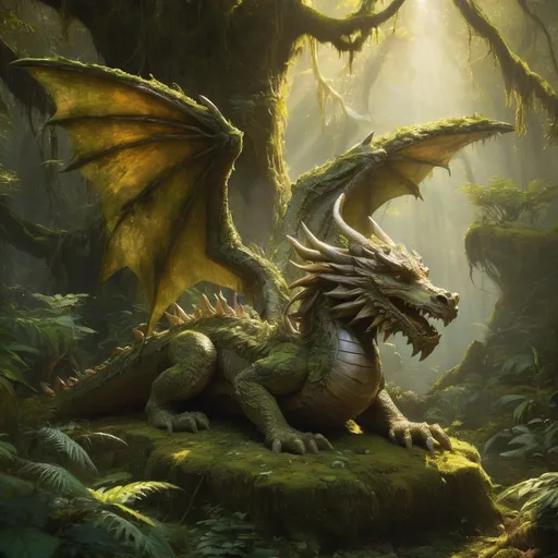 Prompt: (stone western dragon statue), (overgrown with moss and plants), magnificent wings, (ceremonial resting giants), deep rainforest, sunlight streaming through ancient trees, ethereal atmosphere, mystical ambiance, rich greens and browns, soft golden light, serene background, oil painting masterpiece, capturing the awakening of the gods, high detail, enchanting scene, tranquil yet powerful mood, ultra-detailed composition.