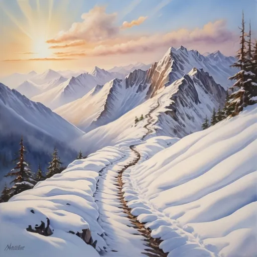 Prompt: winding snowfilled mountain track next to a steep edge leading up to the distand high peaks, oil painting painting, animal tracks, deep snow, low sun shining, drifting clouds, high quality, sharp lines watercolor, snowy, mountains, sunlit, serene, peaceful, scenic, soft colors, artistic, drifting clouds, winter scene, snow, ice,