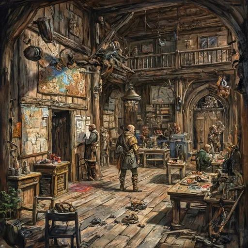 Prompt: Large Medieval fantasy adventurers guild, Anton Pieck style, (rustic wooden interior), large open rustic bank like rooms, (security deposit counters), DND characters, (large bulletin board with questes and notes), chairs and tables with food, highly detailed room, monster parts laying around, ambient warm lighting, maps and hunting trofees on the wall, detailed shadows, , intricate woodwork, scattered adventurers' gear, cozy yet bustling vibe, various weapons displayed, (ultra-detailed),
