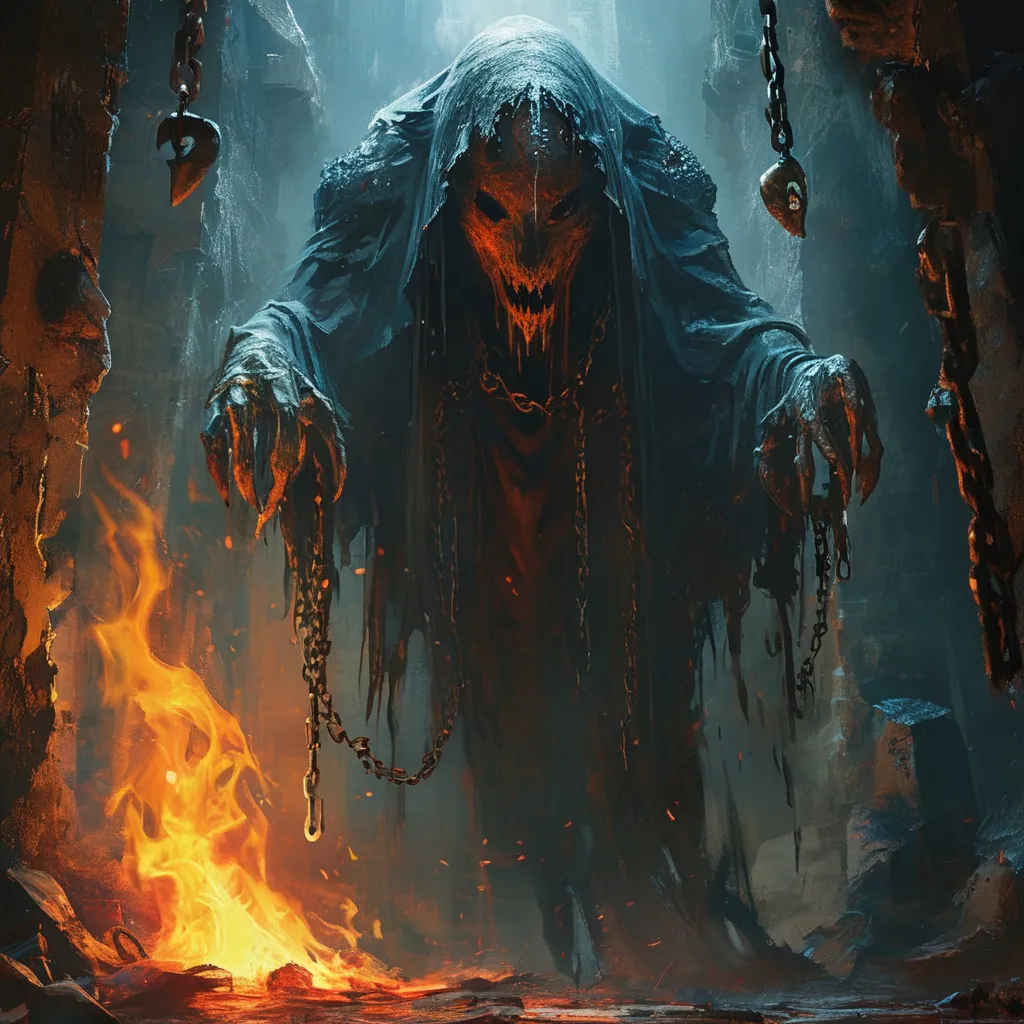 Prompt: (deamon creature), (ominous presence), cold fire casting eerie shadows, dark dungeon surroundings, heavy chains and rusted cages, oppressive atmosphere, intriguing details of suffering souls, dimly lit environment with glowing embers, sinister undertones, high-quality graphics, (ultra-detailed), conveying a haunting sense of dread and power.