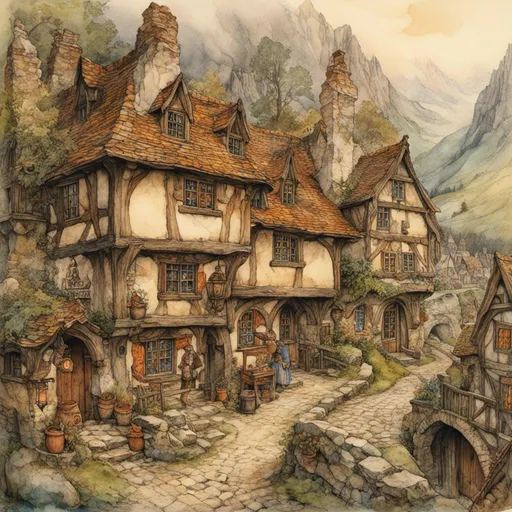 Prompt: <mymodel> Medieval fantasy, mountians, tavern and road inn, immersive atmosphere, highres, detailed, medieval fantasy, vibrant colors, warm lighting, rustic charm, scenic landscape, oil painting,