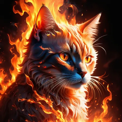 Prompt: (fiery cat ablaze with flames), vibrant dynamic color tones, warm fiery hues, high contrast, dramatic lighting, fairytail setting, flame details throughout, surreal and powerful visual impact, dark background, ultra-detailed, 4K, cinematic masterpiece.