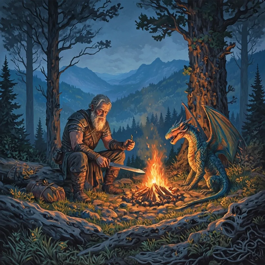 Prompt: detailed oil painting, campfire in the woods, old battered but strong and bearded adventurer sitting by the fire, sharpenign his blade, medieval fantasy setting, colourfull winged dragon resting at its feet, wearing leather armor, bedroll by the fire, backpack against the tree, dusk atmosphere with warm golden and deep blue tones, flickering flames casting soft light, surrounded by large saquoias , shadows dancing, detailed valley view below, enchanting ambiance, high quality 4K illustration.