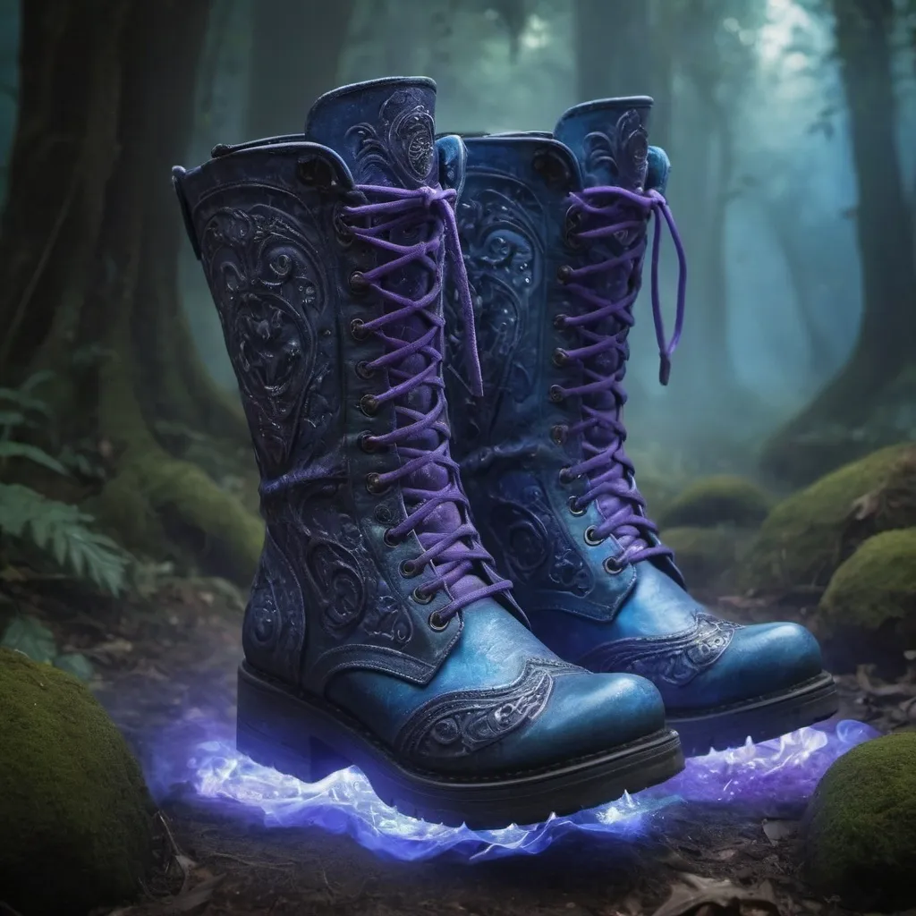 Prompt: (magical boots of stealth), enchanted shoes, medieval fantasy theme, swirling magical smoke enveloping the boots, ethereal glow, intricate details on the boots, rich textures, high fantasy ambiance, enchanting atmosphere, mystical energy, cool tones of blue and purple hues, ultra-detailed, cinematic lighting, lush background featuring a mystical forest or ancient ruins.