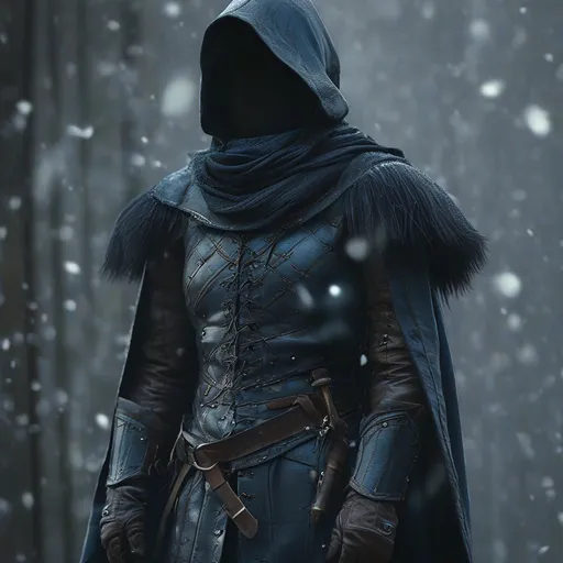 Prompt: Full body, (long full leather shearling coat), (slender Design), narrow waist, closed, nimble, free range of movement, medieval fantasy, winter armor, tough, dark blue exterior, rugged design, intricate stitching details, atmospheric winter background with falling snowflakes, soft light illuminating the jacket giving it an edgy yet cozy look, ultra-detailed, high quality. 