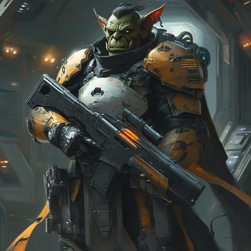 Prompt: Orc DND character, (high-tech futuristic space outfit), (ready for battle), (tech battle armor), intricate details, laser rifle at the ready, illuminated armor panels, sleek design, posture of confidence, (space station surroundings), spaceship and blinking control panels in the background, vibrant colors, contrasting shadows, immersive sci-fi ambiance, (4K ultra-detailed), dynamic energy.