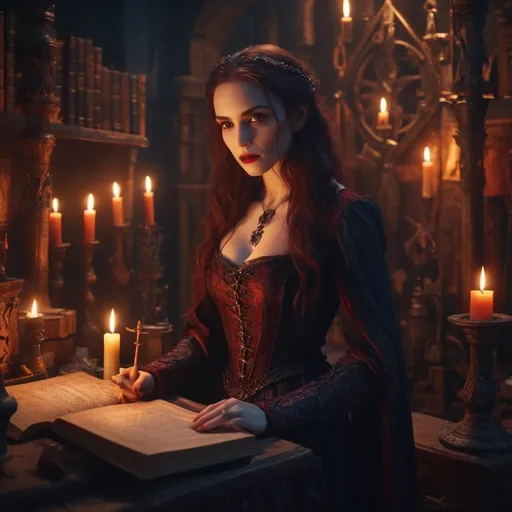 Prompt: (stunningly beautiful vampire working in her dungeon), medieval fantasy, magical instruments, radiating flashes of light in different colors, vibrant and rich colors, high depth cinematic masterpiece, mystical atmosphere,  books, tools, and exotic artifacts, enchanted glowing runes, detailed background with elaborate magical machinery, candles casting warm light, ultra-detailed, 4K.