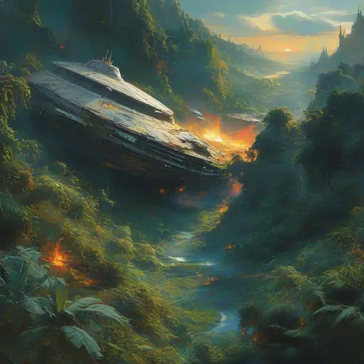 Prompt: aerial view of (a large crashed space ship), (lush jungle background), (dramatic cliffs), debree field, (small patches of flickering fire), oil painting style, vibrant colors, planet rising on the horizon, rich textures, contrasting warmth of flames against cool jungle greens, atmospheric depth, high detail, creating a sense of adventure and mystery.