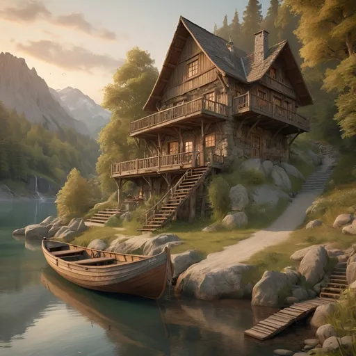 Prompt: Large Anton Pieck-style wood and stone cabin on the lakeside, mountainous region, old wooden rudderboat, forest and beach, stream,  waterfall, wildlife, vintage painting, detailed textures, serene atmosphere, wimsicle architecture, warm tones, soft lighting, 4k, highres, nostalgic, detailed scenery, tranquil setting, vintage charm, summer sunset