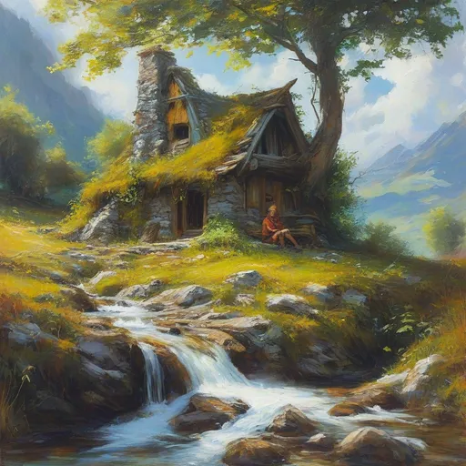 Prompt: (peaceful medieval fantasy hut), stone and wooden structure, nestled beneath large leafy tree branches, anton peick style oil painting, idyllic hilly flowing landscape, same lone trees surrounding, adventurer resting in the grass, charming little stream with stones and gentle falls, vibrant sunny day with glowing golden clouds, (ultra-detailed), rich colors, dreamy atmosphere, inviting nature scene, tranquil and serene ambiance.