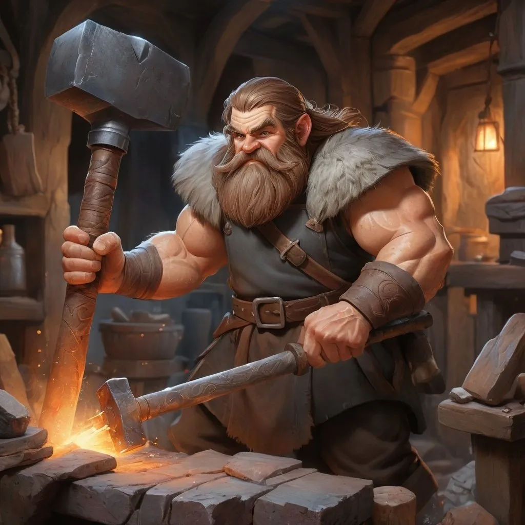 Prompt: Dwarven blacksmith crafting a majestic sword, watercolor painting, wielding a  large blacksmith hammer, rugged and intricate details, high quality, fantasy, traditional watercolor, warm earthy tones, soft lighting, fantasy setting, magical runes, heavy apron and tools, rugged and weathered, ancient anvil, mystical atmosphere