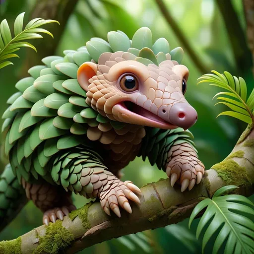 Prompt: Cute pangolin on a lush tree branch in a tropical forest, realistic illustration, vibrant green tones, soft natural lighting, detailed scales, expressive eyes, high quality, detailed fur, adorable wildlife, tropical, realistic, detailed scales, cute, lush foliage, adorable, natural lighting