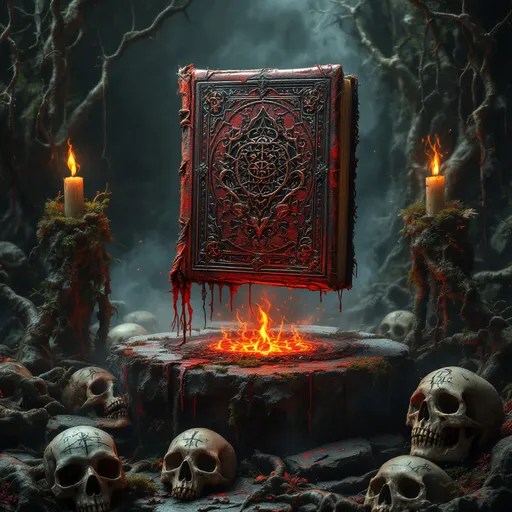 Prompt: opened necromantic Grimoire, floating above a dark magic altar, ruins of dark obsidian stones, overgrown, bones and skulls sketches, blood dripping out, surrounded by thick dark smoke enveloping the Grimoire, glowing magical illumination casting eerie shadows, atmospheric ominous vibe, detailed textures of ancient, weathered stones, mystical aura consistently radiating from the grimoire, dark fantasy theme, high depth cinematic masterpiece, ultra-detailed, captivating imagery