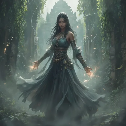 Prompt: realistic anime Adivasi woman, elegant medieval fantasy dress flowing softly, beautiful yet deadly allure, inviting open posture, standing guard at an ancient stone temple, mist swirling around, ethereal lightbeams breaking through the mist creating a magical atmosphere, magical illumnation of the hands, serene yet vigilant, lush greenery in the background, intricately detailed textures, ultra-detailed, HD quality.