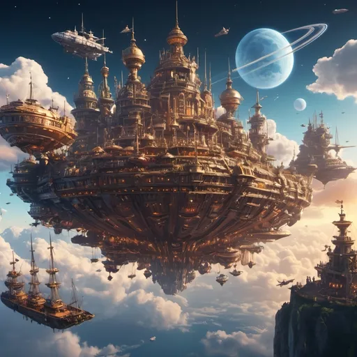 Prompt: (skydock high in the sky with flying ships docked), imperialistic fantasy, soft glowing lights, space-inspired elements, ultra-detailed, intricate designs, majestic, sense of wonder and adventure,  floating clouds, fantasy environment, high resolution, 4K, vibrant colors, cinematic masterpiece, captivating and awe-inspiring atmosphere.