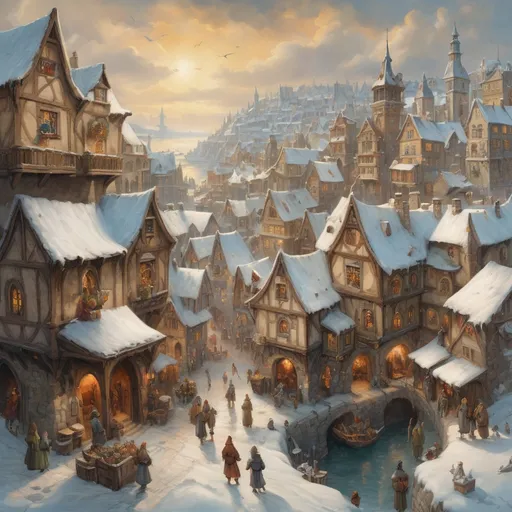 Prompt: Oil painting of an (medieval fantasy town in winter), inspired by Anton Pieck style, (rich in detail), charming houses with intricately designed facades, snow-covered rooftops, bustling market crowded with lively characters,  on the coast with ships in the ice,  warm sun beams breaking through soft winter clouds, creating a serene and magical ambiance. ( vibrant colors) for a captivating and nostalgic scene.