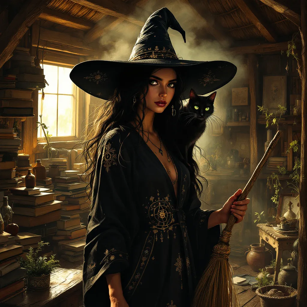 Prompt: digital art of a dark haired witch with adivasi features, adorned in smooth flowing black robes and sleek leather, her pointy hat`s wide brim casting an enchanting silhouette, a sleek cat perched gracefully on her shoulder, broom in hand, surrounded by the rustic charm of a cozy witches cabin, with a couldren and potions in the background, warm light filtering through wooden beams, inviting atmosphere, highly detailed, immersive, mystical ambiance, ultra-detailed, high quality.