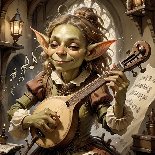Prompt: DnD female goblin bard playing an instrument, magical musical notes streaming in the air, Anton Pieck style painting, vintage warm tones, intricate details, whimsical fantasy, medieval, high quality, oil painting, good hair, charming, enchanting, intricate details, cozy lighting, hooves