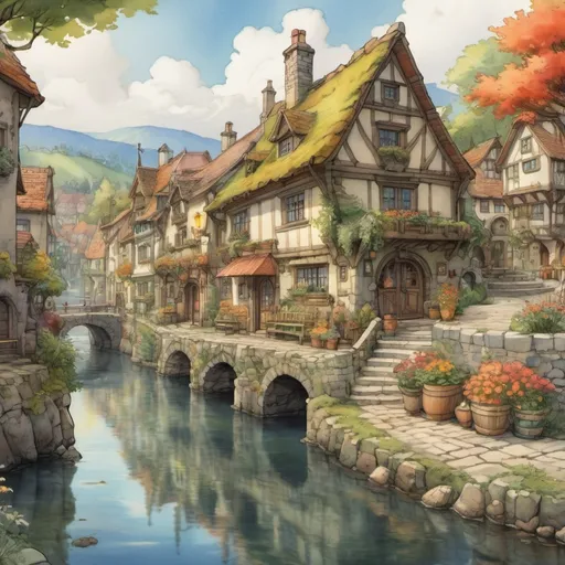 Prompt: (cozy anime village on the waterfront), (Anton Pieck style), watercolor animation, soft lighting, vibrant colors, medieval fantasy, colorful scenery, coblestone streets, tranquil atmosphere, warm tones, lush greenery, charming cottages, gentle water reflections, serene ambiance, vibrant flowers, picturesque detail, inviting pathways, ultra-detailed, HD.