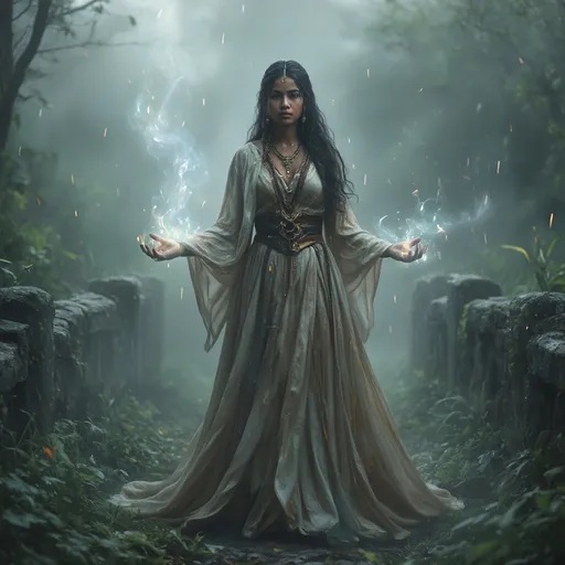 Prompt: Photorealistic Adivasi woman, elegant medieval fantasy dress flowing softly, beautiful yet deadly allure, inviting open posture, standing guard at an ancient stone bridge, mist swirling around, ethereal lightbeams breaking through the mist creating a magical atmosphere, magical illumnation of the hands, serene yet vigilant, lush greenery in the background, intricately detailed textures, ultra-detailed, HD quality.