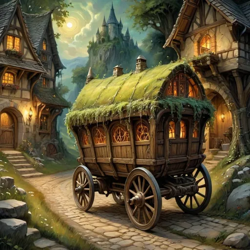 Prompt: (magical wooden transport wagon), medieval fantasy oil painting anton pieck style, glowing runes, swirling magical energy, vibrant colors, enchanting atmosphere, stones lining the rustic country road, atmospheric lighting with soft warm tones, detailed craftsmanship of wagon, elaborate carvings, lush greenery surrounding road, ultra-detailed, dynamic energy showcasing active spells, an air of adventure and mystique.