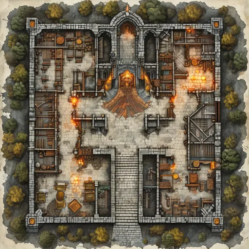 Prompt: (top view floor plan), (giant medieval fantasy dungeon), Anton Pieck style sketch, detailed interior layout, maze-like structure, dark menacing tones, shadows and highlights enhance depth, intricate furniture design including stone tables and torches, prominent entrance design, elaborate throne room, atmospheric lighting adds intensity, (highly detailed), (HD image), vintage ink and parchment textures.