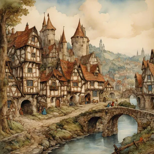 Prompt: <mymodel> Medieval fantasy town along a river, carriage crossing a stone bridge, towering castle in the distance, immersive atmosphere, highres, detailed, medieval fantasy, vibrant colors, warm lighting, rustic charm, scenic landscape, oil painting,