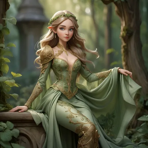 Prompt: photo realistic, Highly detailed digital full  body art of a elf princess in flowing satin silk royal dress,high heel boots, riding gear, through the forest, Anton Pieck style, medieval fantasy, intricate patterns, ornate cloth, royal attire, detailed realistic clothing folds, lush greenery, romantic lighting, detailed realistic face, professional, ultra-detailed, fantasy, medieval, satin gown, palace garden, Anton Pieck style, ornate architecture, lush greenery, romantic lighting, royal attire, intricate patterns, flowing fabric, professional lighting