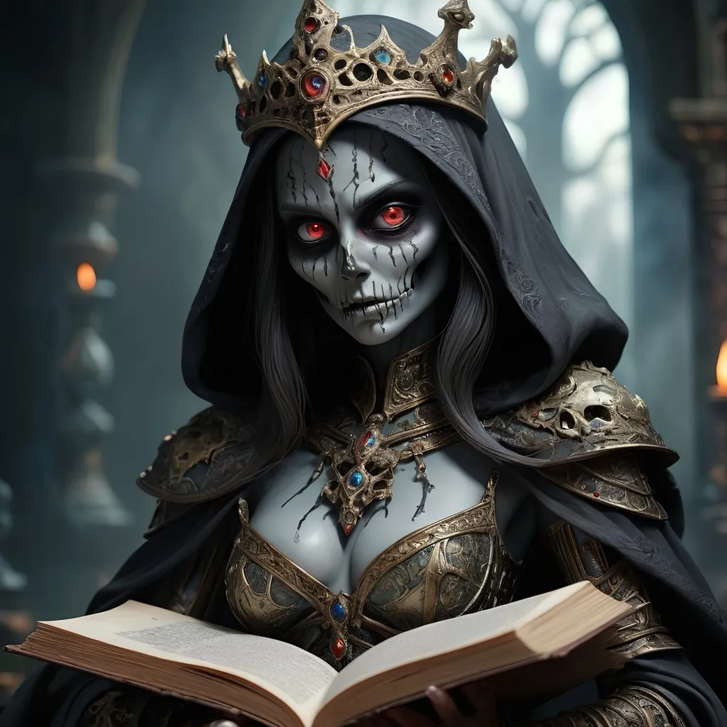 Prompt: realistic full body, (powerful lich), (goddes of death), dark and ominous shadows, (decomposing) body and face, piercing eyes with magical illumination, detailed armored robes, medieval fantasy, ancient magical floating book, emanating a sense of deep knowledge and wisdom, mystical atmosphere, intricate details, high contrast, regal aura, (4K), ultra-detailed, evokes a sense of both allure and danger, shadows billowing around her, otherworldly presence.