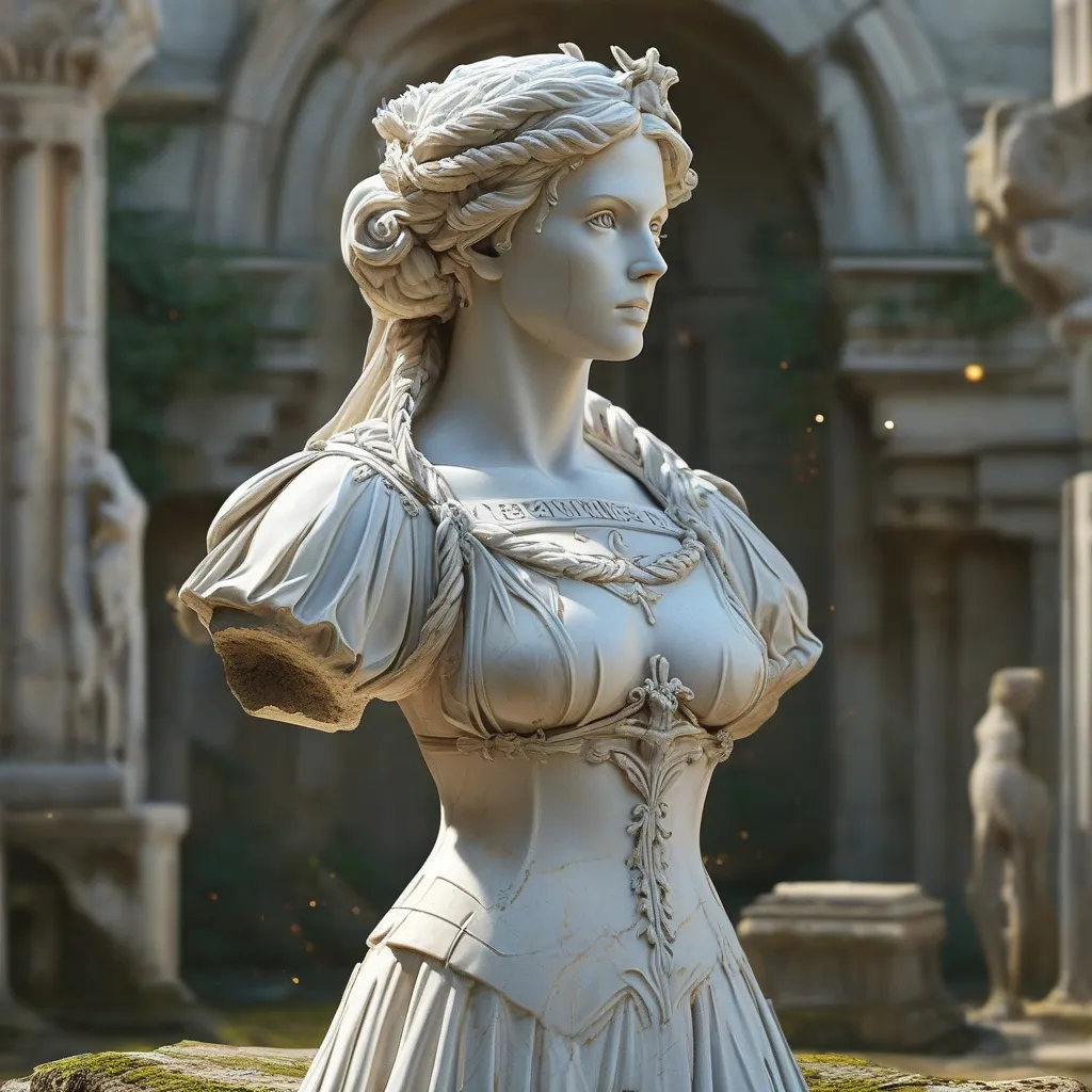 Prompt: realistc, Full female body, ((veiny white marble statue)) on a pedestal, gorgeous strong face, smooth red veiny marble glossy surface, medieval dress, dominant stance, looking over shoulder, set between ancient ruins, magical spells in the air