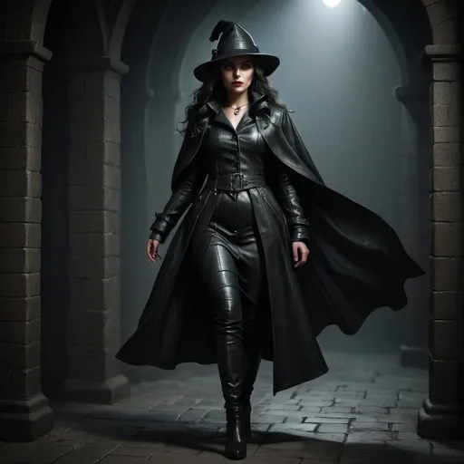 Prompt: Full body Noir girl in an intricate leather overcoat and hat, dark and moody shadows, medieval fantasy, high contrast, dramatic lighting, cinematic, mysterious, detailed facial features, intricate textured overcoat, gorgeous face, atmospheric, vintage style, high quality, cinematic, dramatic lighting