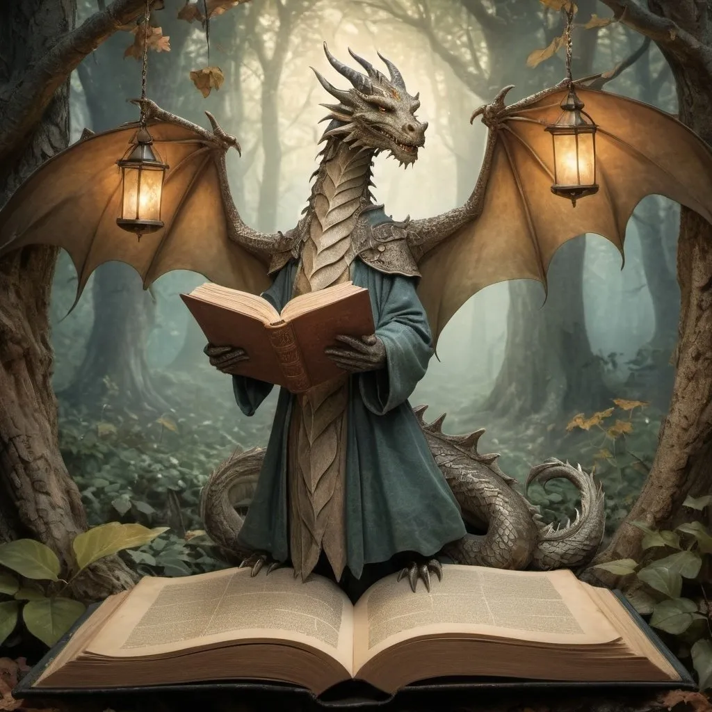 Prompt: Anton Pieck style illustration of a magnificent dragon sorcerer in enchanted woods, anchient magical tome  floating in the air, two wings, romantic lighting, vintage paper texture, detailed dragon scales and ancient wizard's robe, highres, vintage, detailed, romantic, enchanting, magical, traditional illustration, warm tones, atmospheric lighting