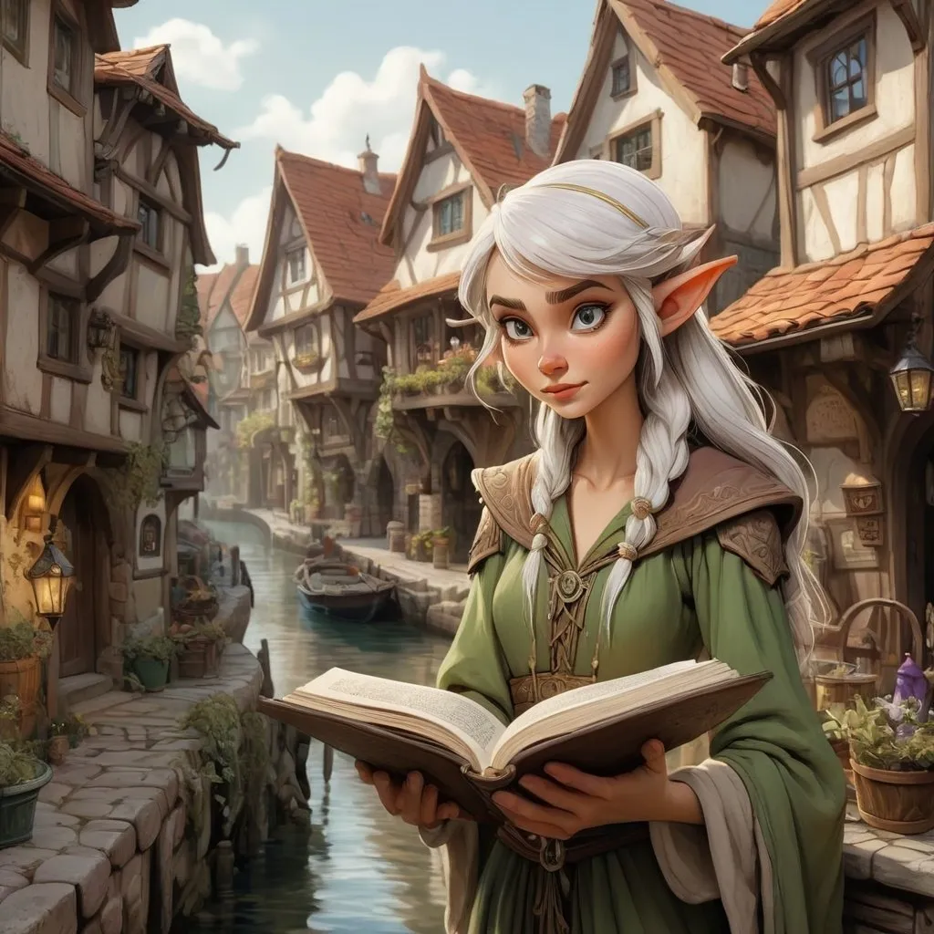 Prompt: highly detailed, Ink painting of a vintage fantasy DND character female elf mage browsing in quaint harbor village line art, detailed elven features, detailed faces, flowing detailed intricate mage robes, floating magic book, mage crystals, crowded marketplace, charming cobblestone streets, antique color palette, delicate line work, high quality, detailed, DND, female elf, quaint village,  ink painting, Anton Pieck style, line art, charming streets, vintage colors, detailed features, sunny atmosphere