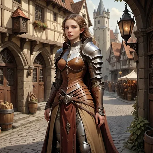 Prompt: (a pretty medieval fantasy female city watch), (intricately designed armor), standing resolutely at the gates of a bustling town, (Anton Pieck style painting), warm earthy tones, detailed scenery, charming whimsical atmosphere, bustling market in the background, subtle highlights on armor, (classic artistry), enchanting and inviting vibe, (4K), high-quality, ultra-detailed, cinematic depth.