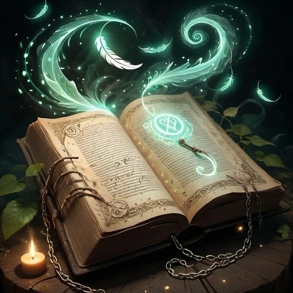 Prompt: Ancient spell tome, magical glow, ancient writing, tome floating in the air, illuminating magical swirls, detailed illustration, high quality, magical, vines emerging, ancient, illuminating runes, chains, floating, detailed, atmospheric lighting, writing feather, ancient markings, magical cirkel