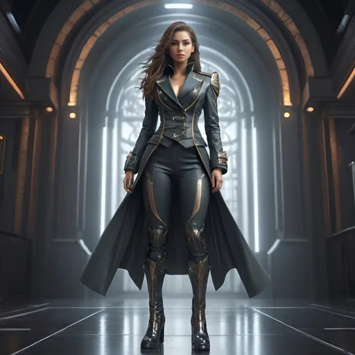 Prompt: photo realistic Full-body female in detailed ceremonial high ranking millitary suit, buttoned coat, futuristic  leather boots, gorgeous face, ethereal and glowing, high-quality, detailed features, elegant pose, magical radiating lines, fantasy, ethereal lighting