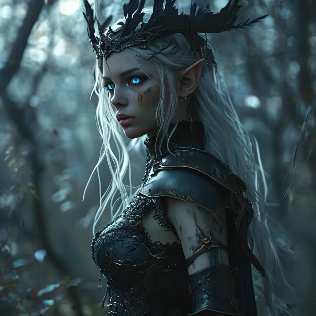 Prompt: Full depiction of a (unaturally beautiful elf woman) Valkyrie character, wearing a (long flowing gown with intricate lace details) and (high heel armored boots), in a dark hunted forest, intense blue deadly eyes, dark shadows enhance her elegance, hopefull ambiance, highly detailed features, (HD) quality, magical atmosphere, magical illumination, surrounding in the air