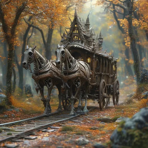 Prompt: (a grand magical wooden carridge), pulled by two skeletal horses, two story, medieval fantasy, glowing runes, swirling magical energy, vibrant colors, enchanting atmosphere, stones lining the rustic country road, atmospheric lighting with soft warm tones, detailed craftsmanship of wagon, elaborate carvings, ultra-detailed, dynamic energy showcasing active spells, an air of adventure and mystique.