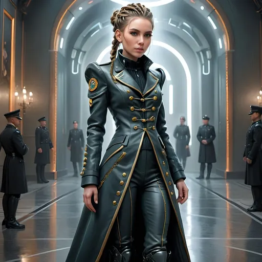 Prompt: photo realistic Full-body female in detailed ceremonial high ranking millitary suit, buttoned coat, futuristic  leather boots, gorgeous face, braided hair, imposing, glowing charm, high-quality, detailed features, elegant pose, magical radiating lines, fantasy, ethereal lighting